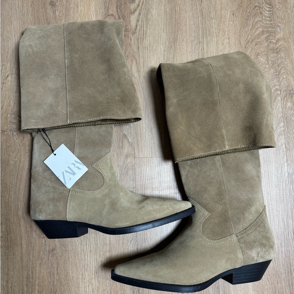 Zara Beige Suede over the Knee Boots